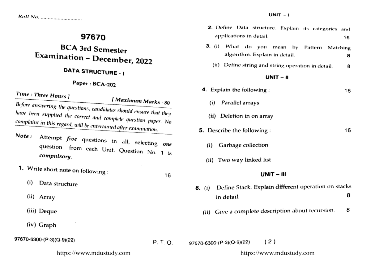 Bca 3 Sem Data Structure 1 97670 Dec 2022 - Bachelors's In Computer ...