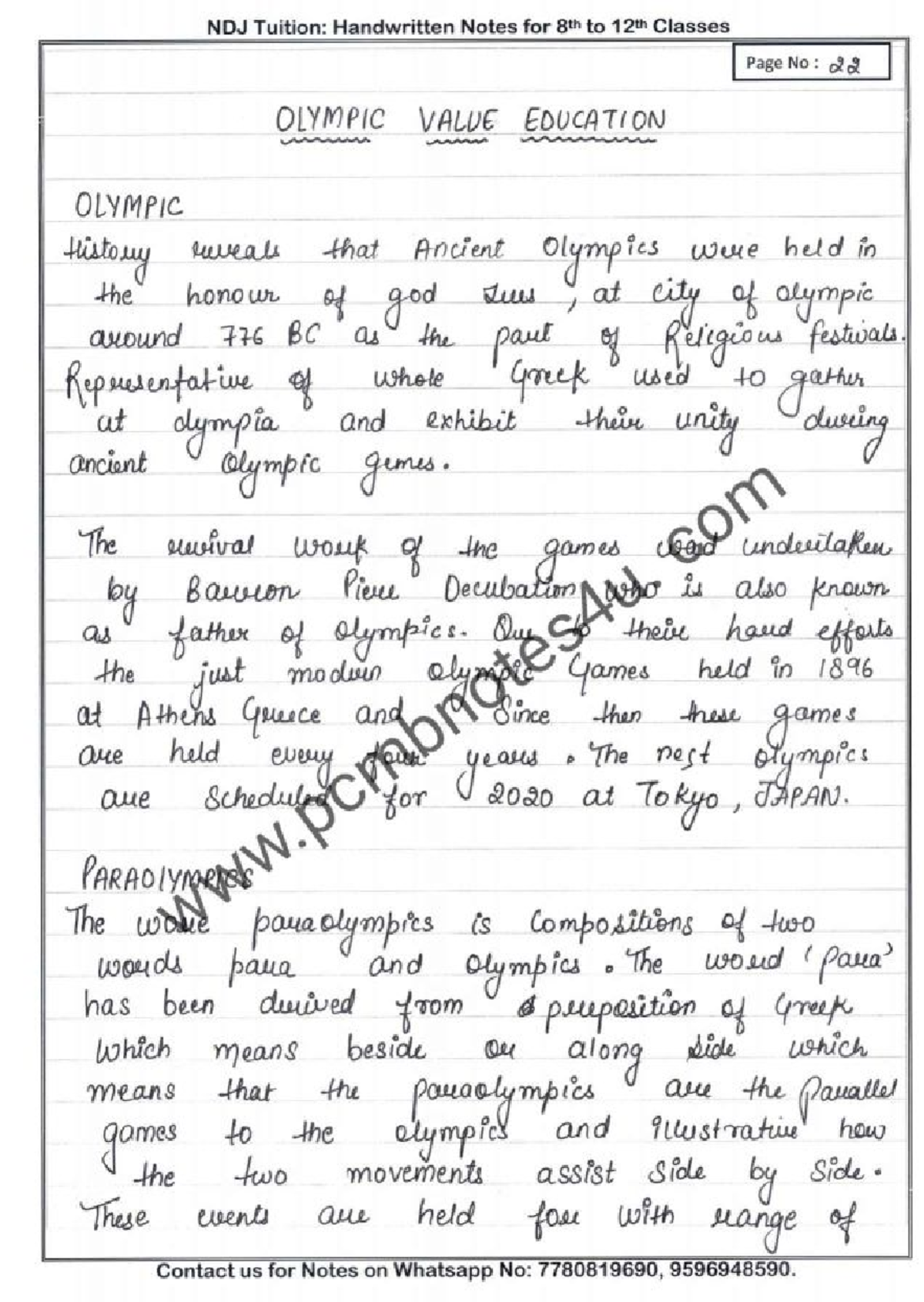Olympic Value Education - NDJ Tuition: Handwritten Notes for 8th to ...