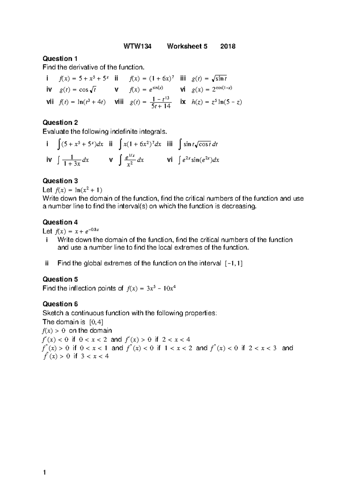 Worksheet 5 - WTW134 Worksheet 5 2018 Question 1 Find the derivative of ...