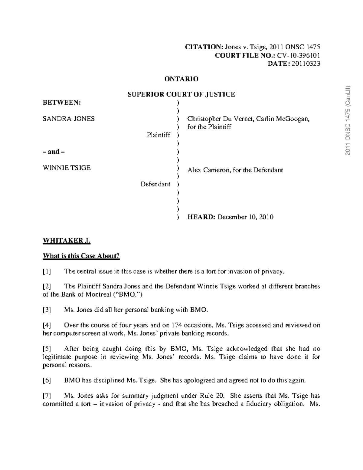 Week 2 Jones v. Tsige ONSC CITATION Jones v. Tsige, 2011 ONSC 1475