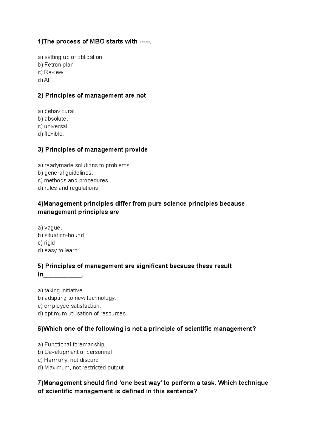 MCQ Principles Of Management Units - 1)The Process Of MBO Starts With ...