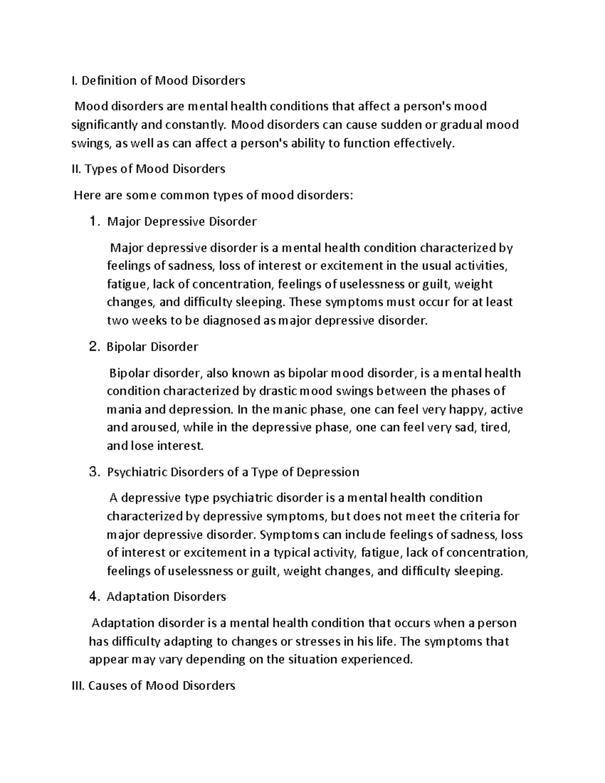 Definition of Mood Disorders - I. Definition of Mood Disorders Mood ...