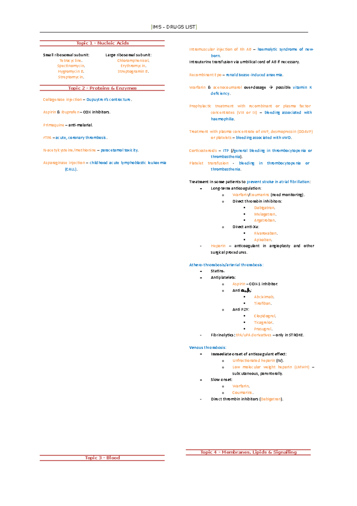 Summary List Summary Molecular Biology DRUGS Topic 1 Nucleic Acids