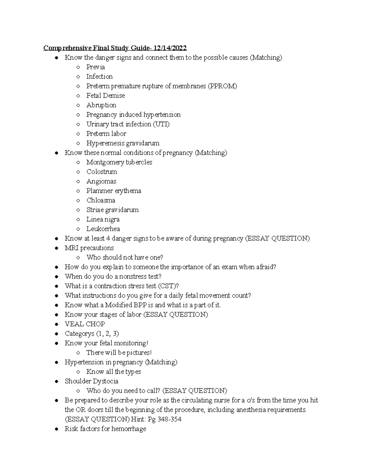 FA 2022 NURS 378 Comprehensive Final Study Guide - Comprehensive Final ...