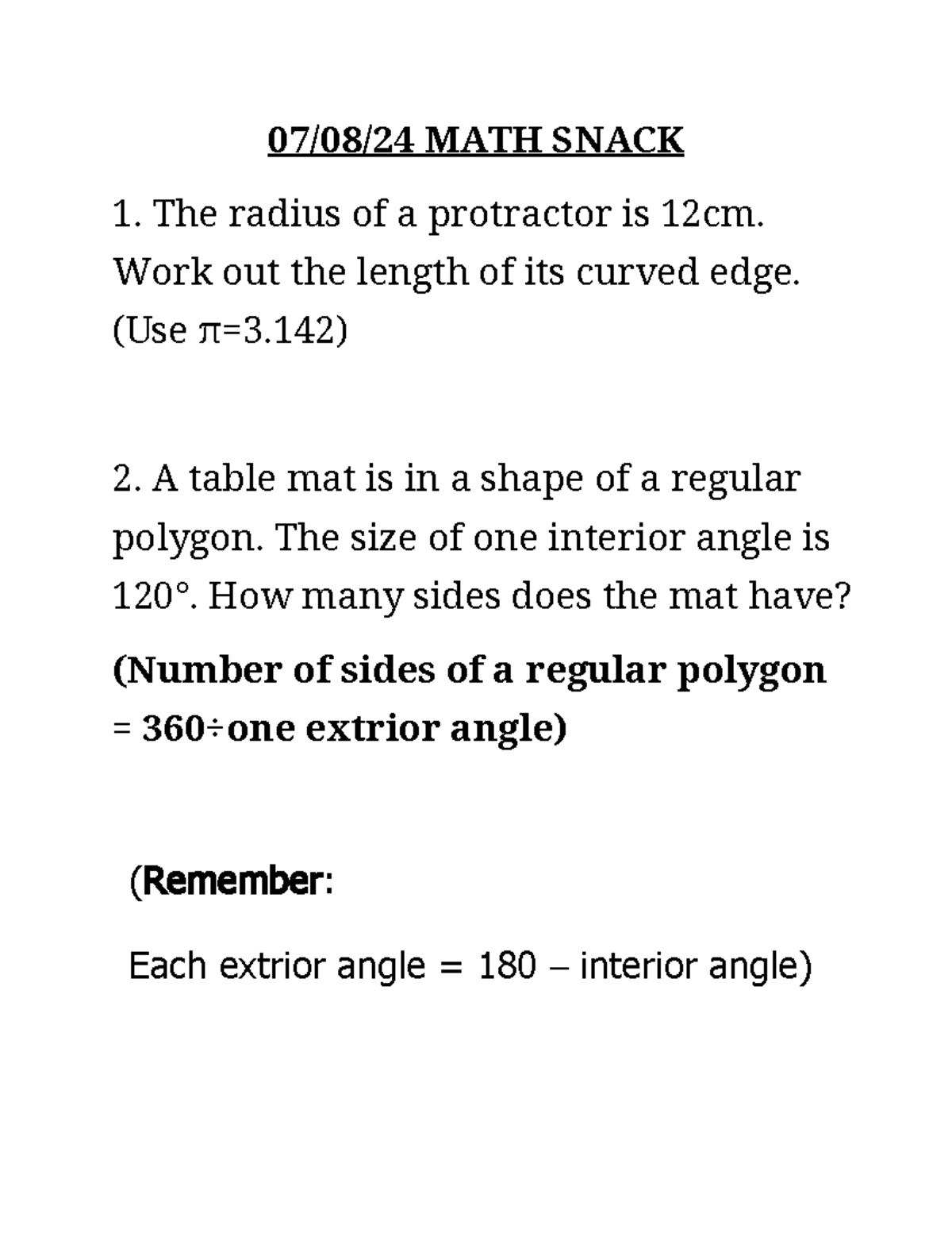 07 08 24 MATH - Revision paper - 07/08/24 MATH SNACK The radius of a ...