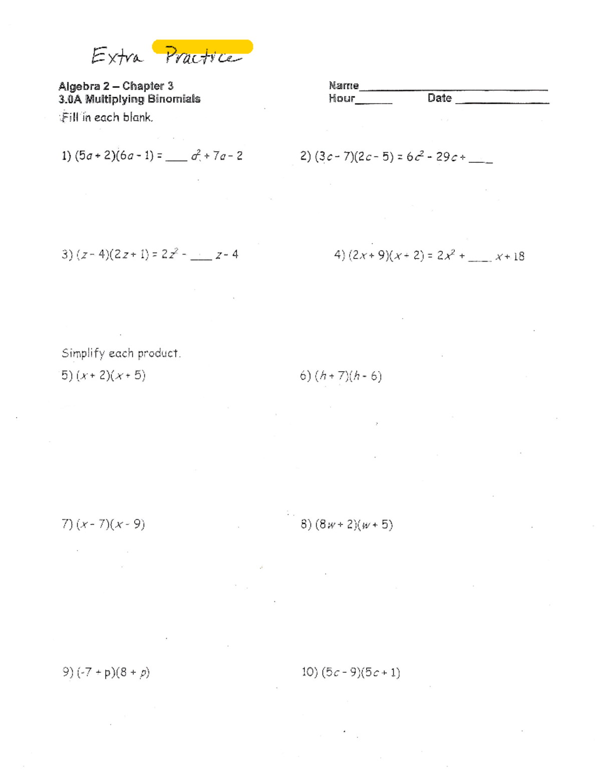 Extra Practice 3 - ghhh - Extra Practice Algebra 2 Chapter 3 Name 3 ...