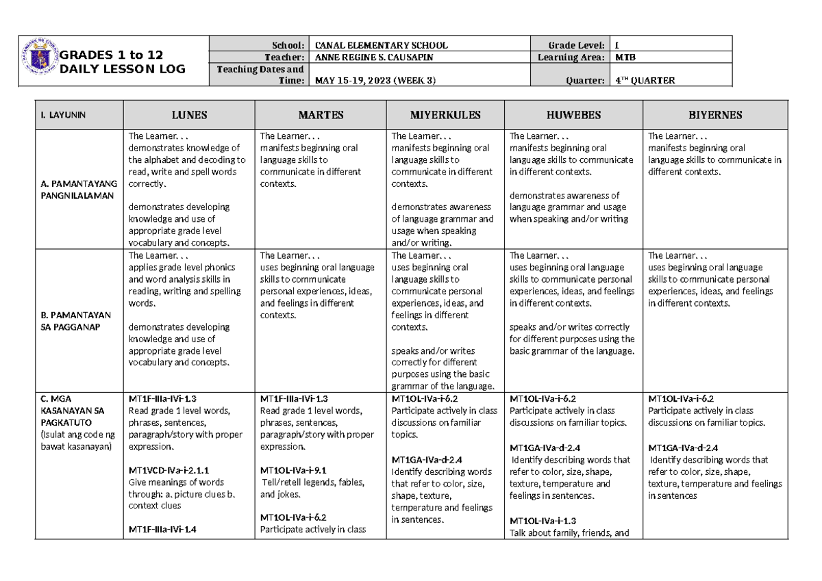 DLL MTB 1 Q4 W3 - study - GRADES 1 to 12 DAILY LESSON LOG School: CANAL ...