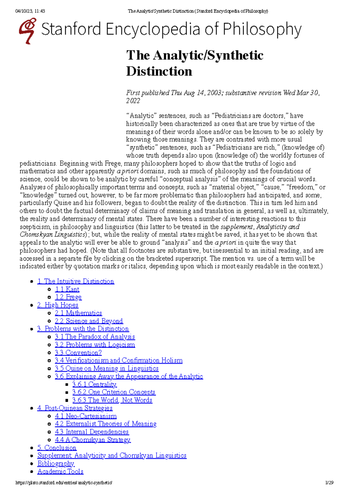 The Analytic Synthetic Distinction (Stanford Encyclopedia Of Philosophy ...