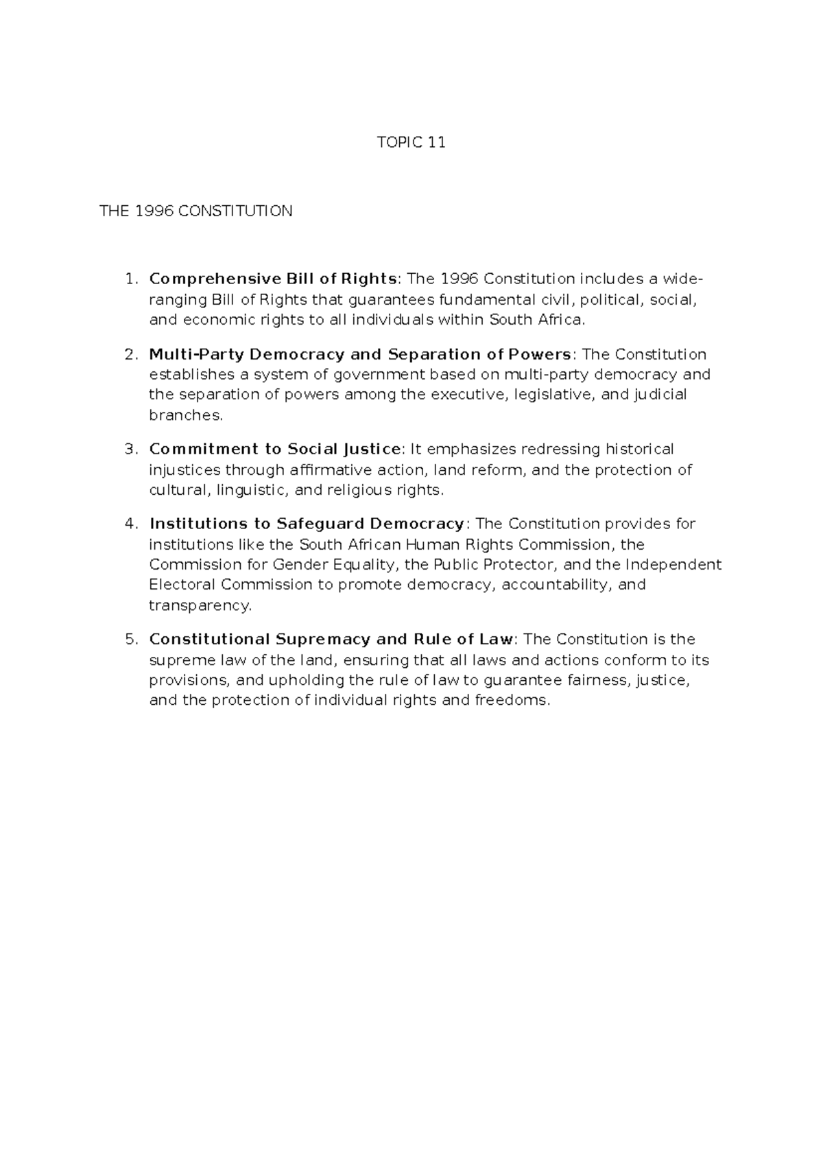 Topic 11 Exam Notes - TOPIC 11 THE 1996 CONSTITUTION Comprehensive Bill ...