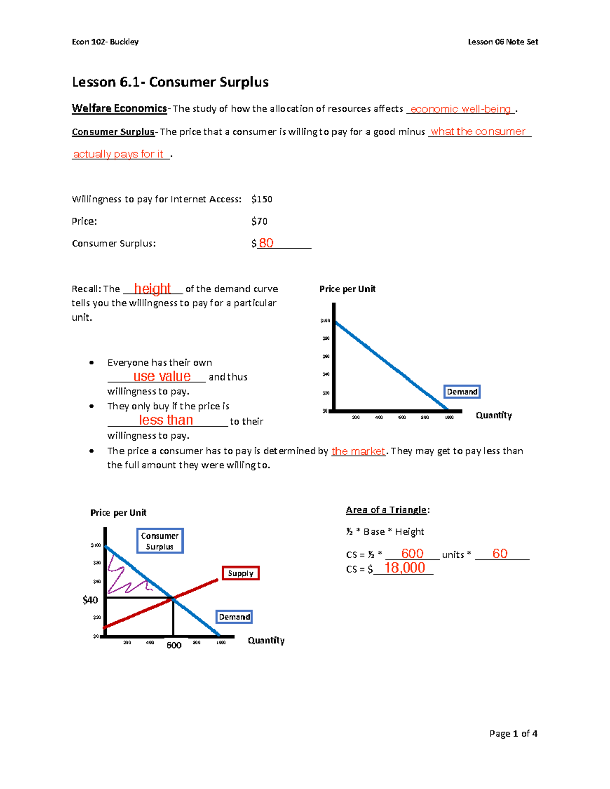 Econ 102 (Intro Micro) Lesson 06 Note Set - Lesson 6- Consumer Surplus ...