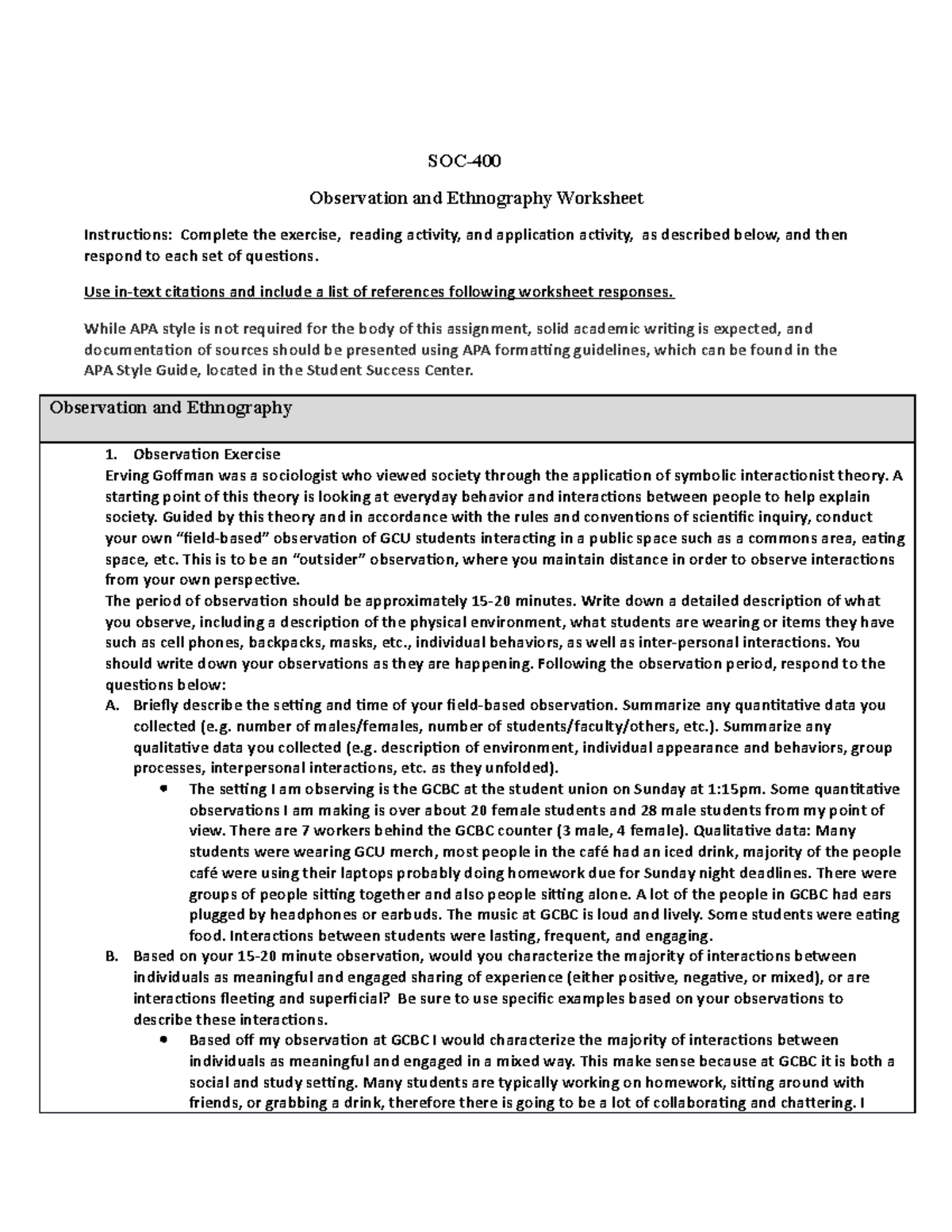 SOC400. Observation and Ethnography Worksheet - SOC- Observation and ...