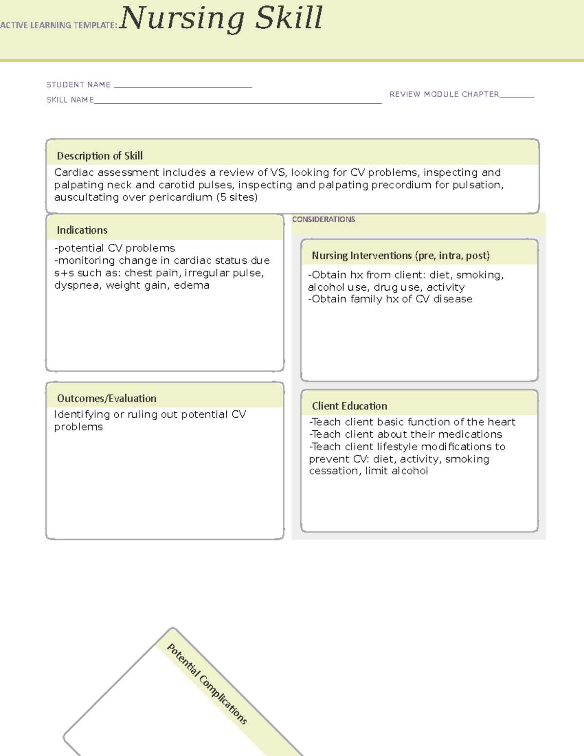 ATI skills template - Cardiac assessment - ACTIVE LEARNING TEMPLATE ...