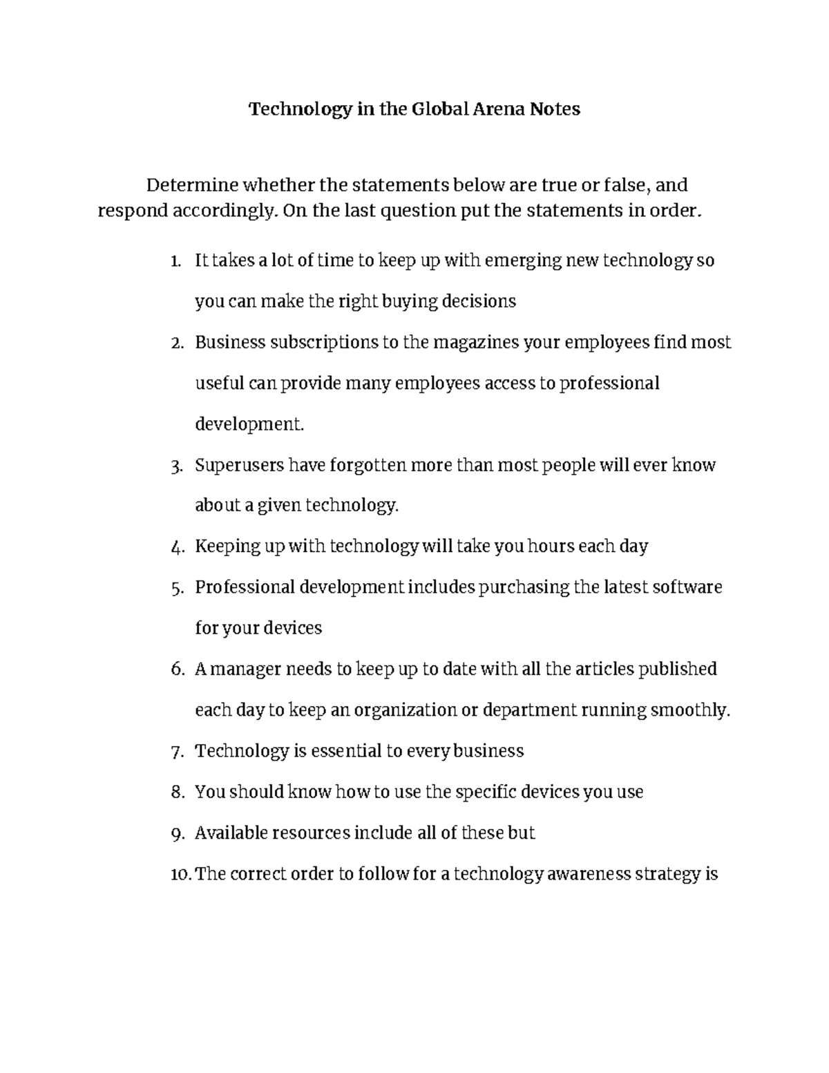 Technology in the Global Arena Basic Definition Sheet Technology in