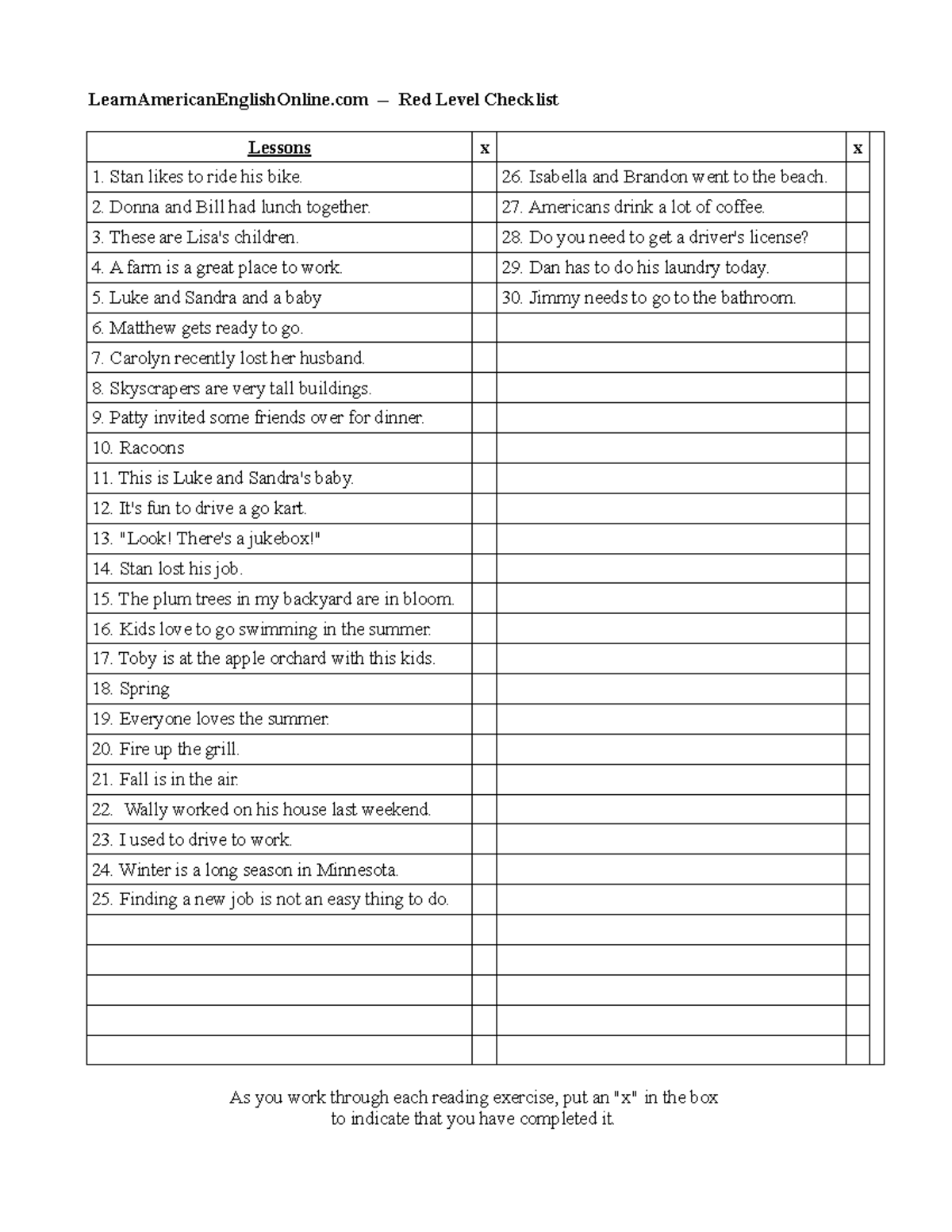 Red Level Reading Checklist Red Level