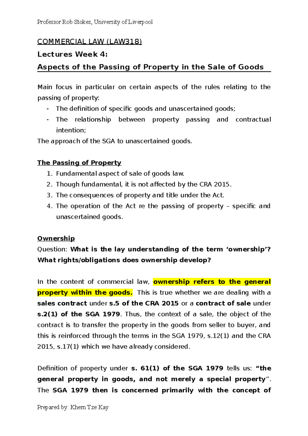 Commercial Law Week 4&5 on Aspect of Passing of Property - COMMERCIAL ...