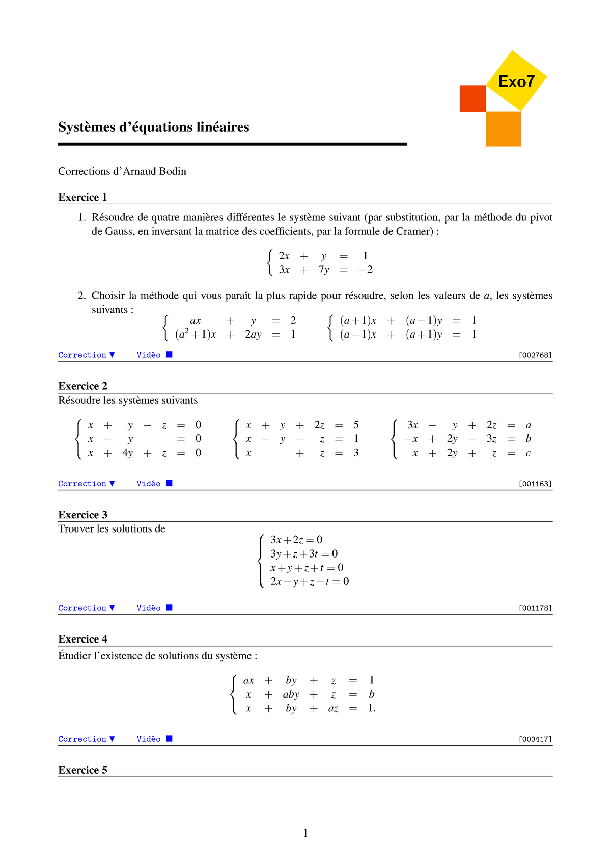 TD Systeme Liniare Matrices - Exo Systèmes D’équations Linéaires ...