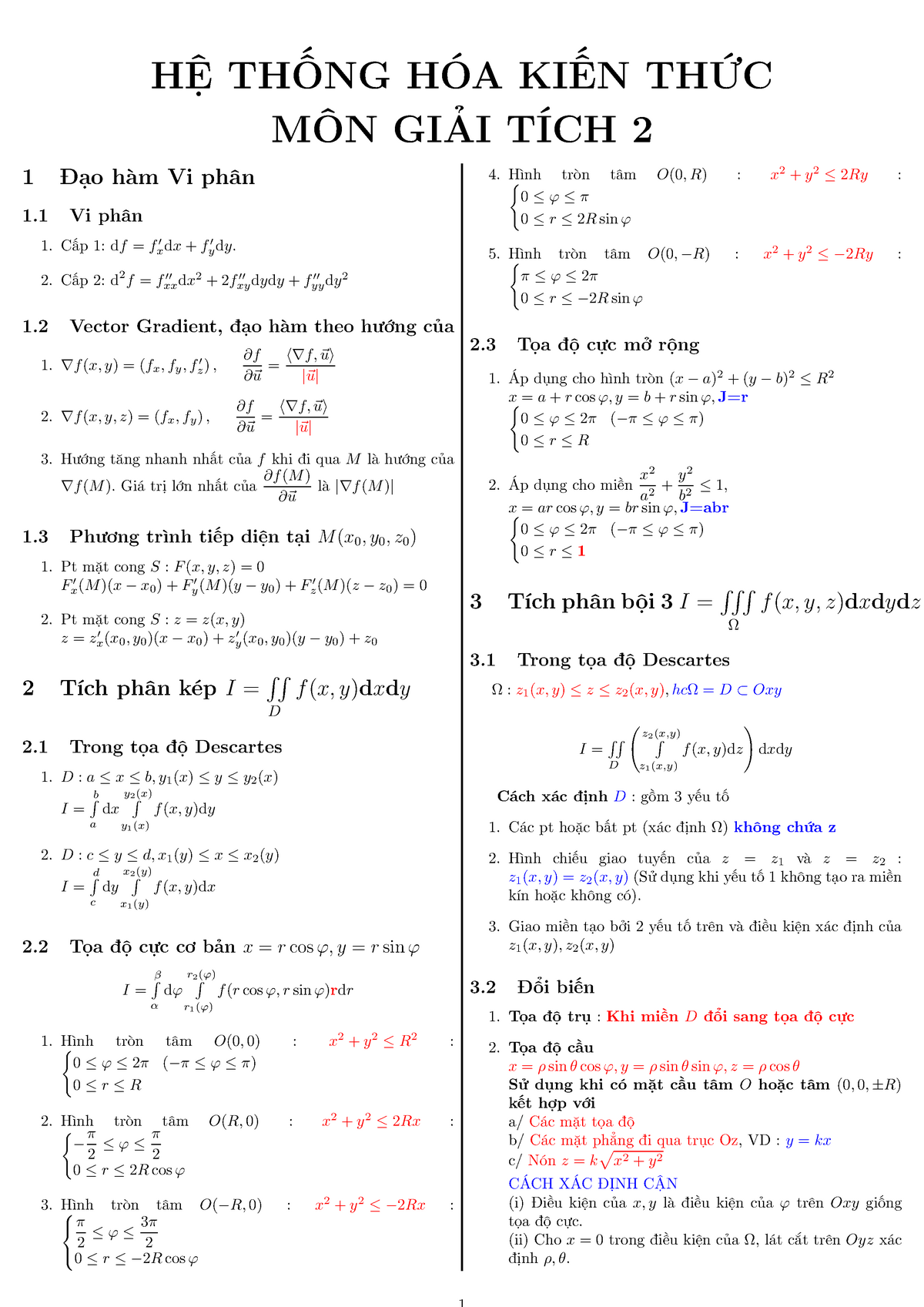Hệ thống hóa kiến thức môn giải tích 2 - HỆ THỐNG HÓA KIẾN THỨC MÔN GIẢI TÍCH 2 1 Đạo hàm Vi phân 1 - Studocu