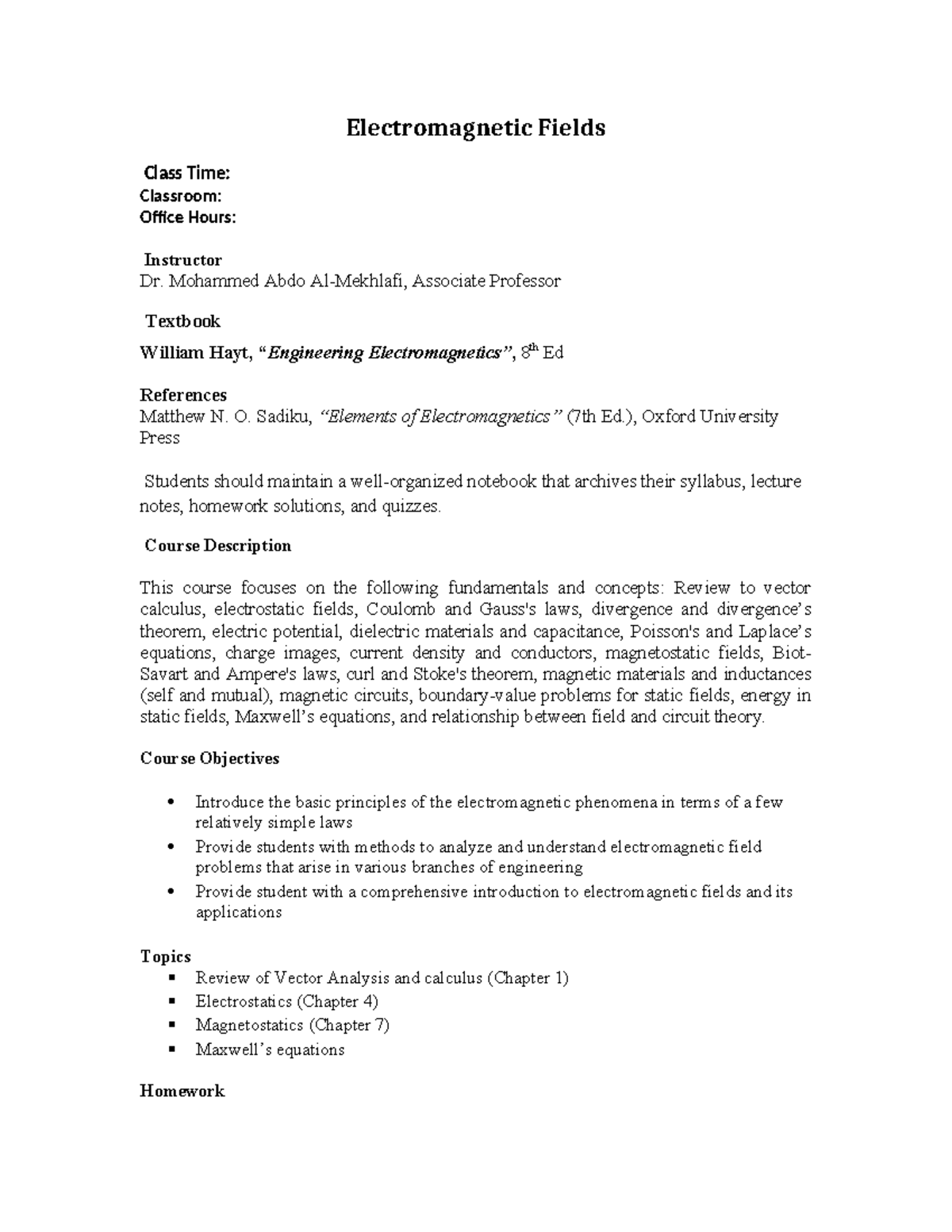 Electromagnetic Fields - Electromagnetic Fields Class Time: Classroom ...
