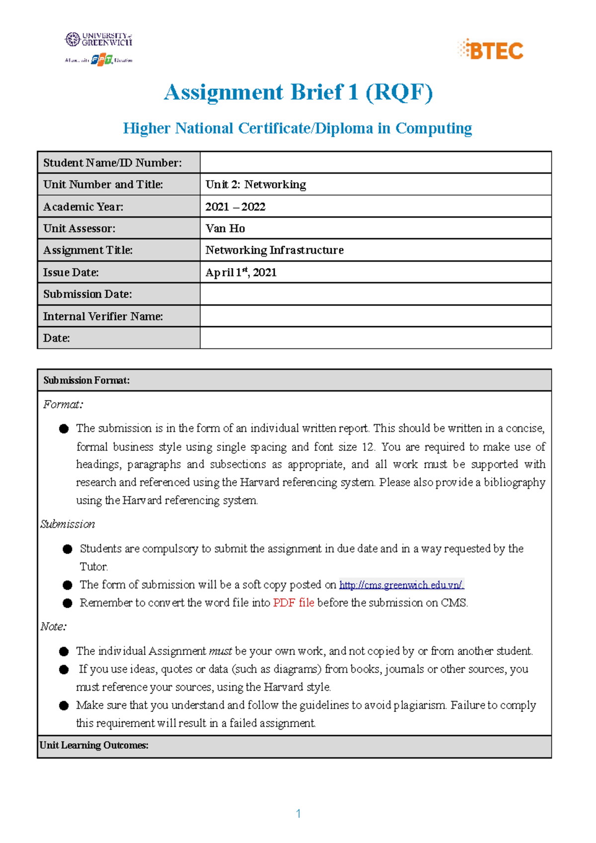 1 Unit 2 - Assignment brief 1 - Assignment Brief 1 (RQF) Higher ...