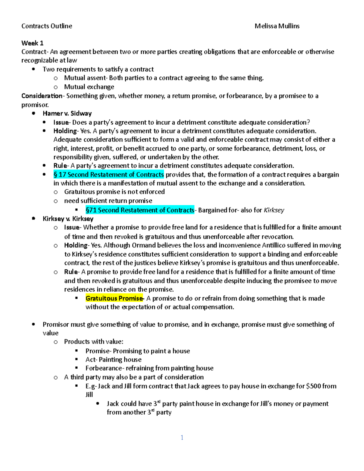 Contracts Fall Outline - Week 1 Contract- An agreement between two or ...