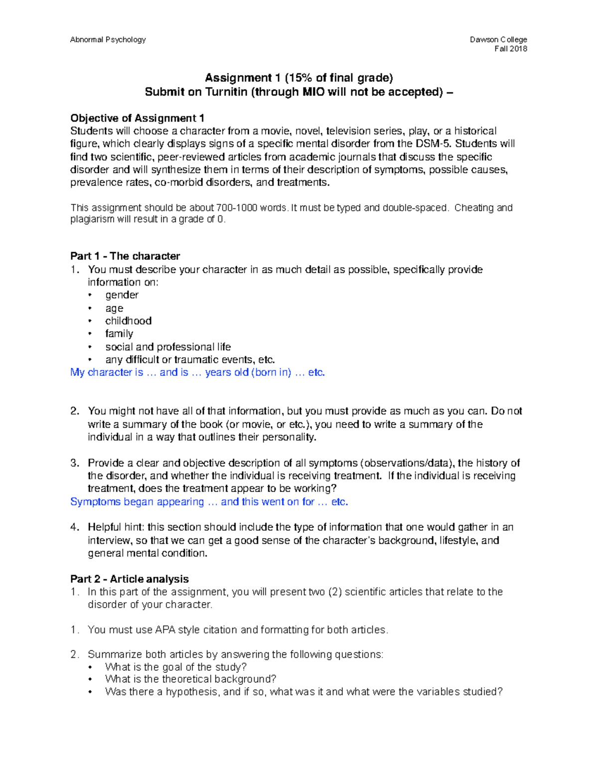 Abnormal Psych character a Abnormal Psychology Dawson College Fall