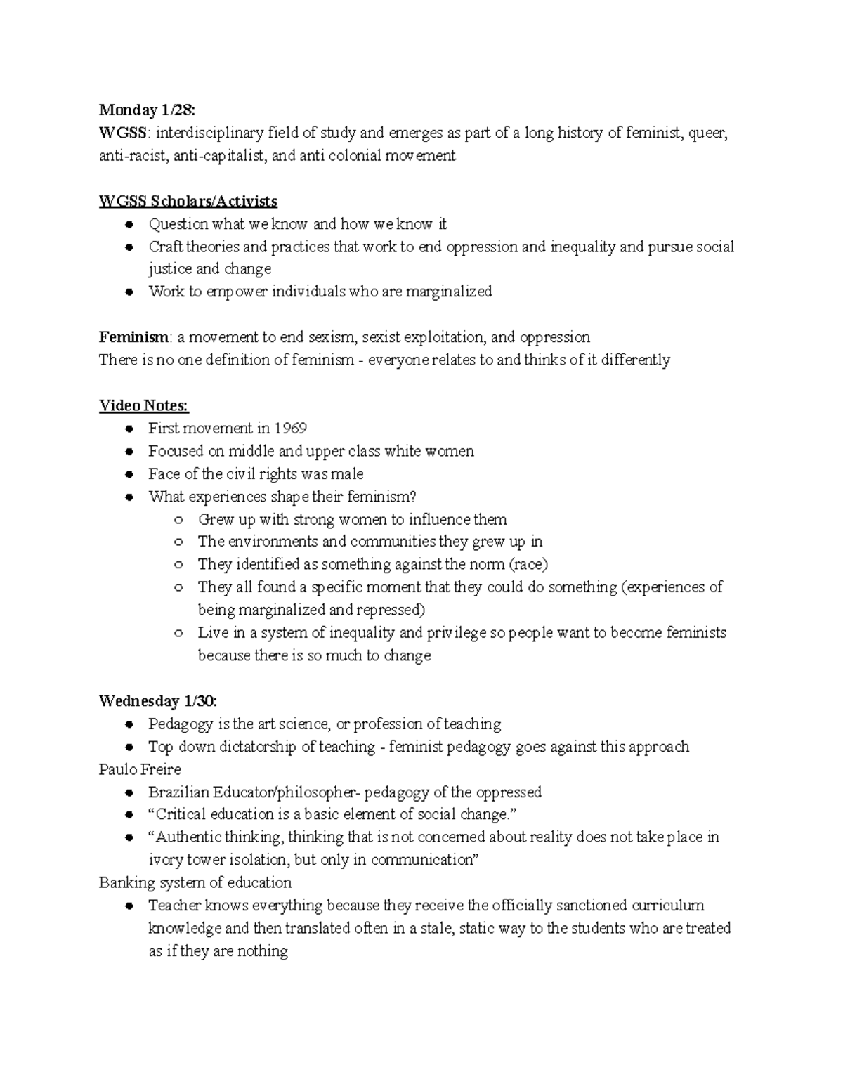 Week 2 WGSS 1105 - Lecture notes 2 - Monday 1/28: WGSS ...