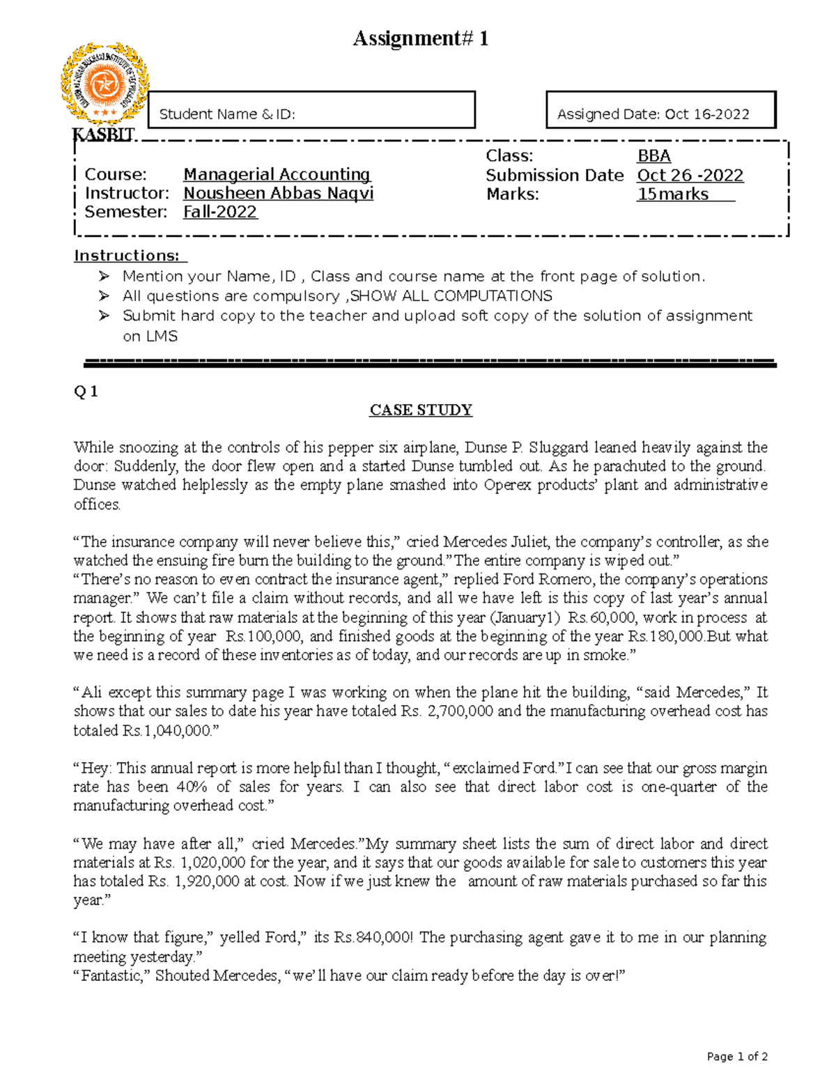 A 1 MA-2022 fall - Lecture notes of BBA - Assignment# 1 Instructions ...
