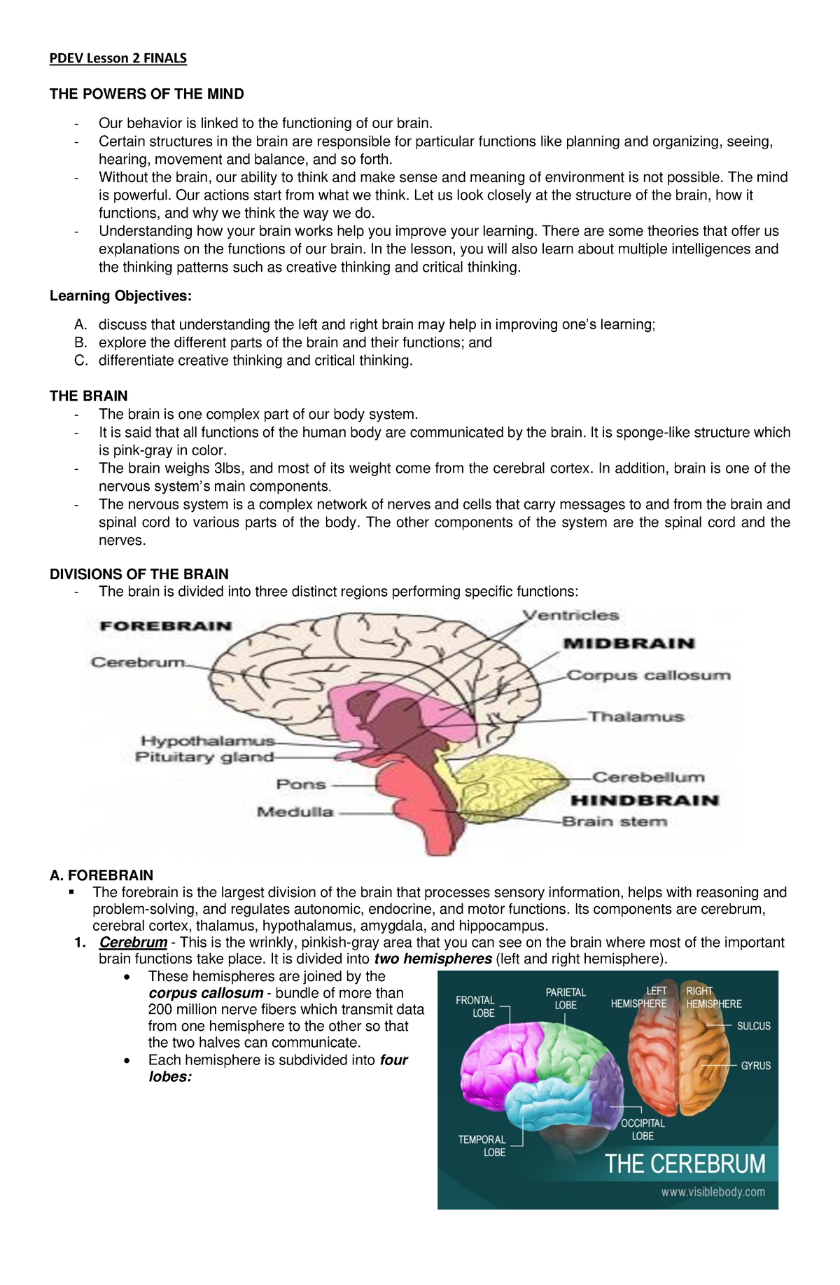 Lesson 2 Finals THE Powers OF THE MIND - THE POWERS OF THE MIND Our ...