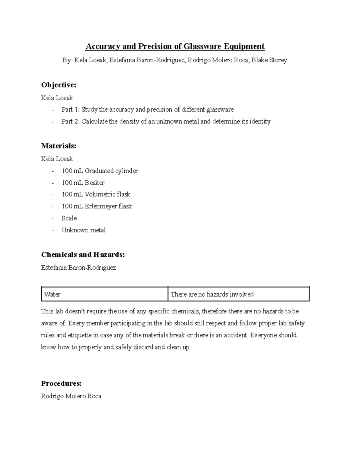 Module 1 PreLab Gen Chem Lab Accuracy and Precision of Glassware