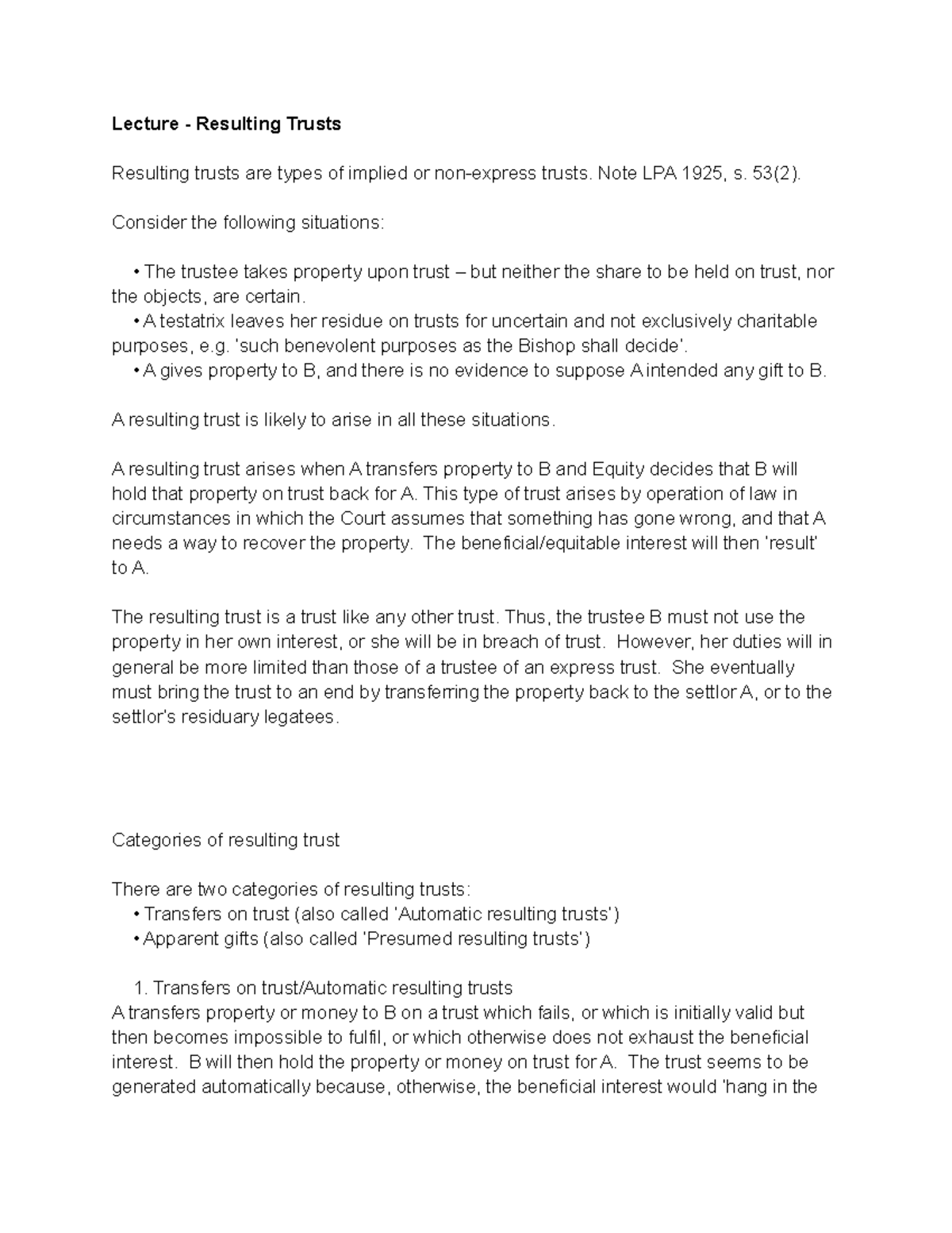 E&T - Lecture notes 8 - Lecture - Resulting Trusts Resulting trusts are ...