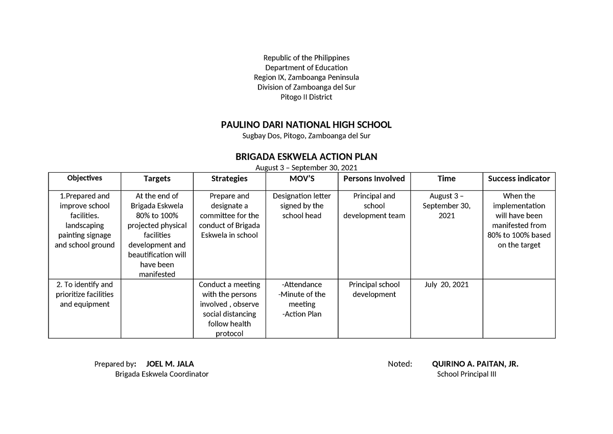 Action PLAN Brigada Eskwela - Republic of the Philippines Department of ...