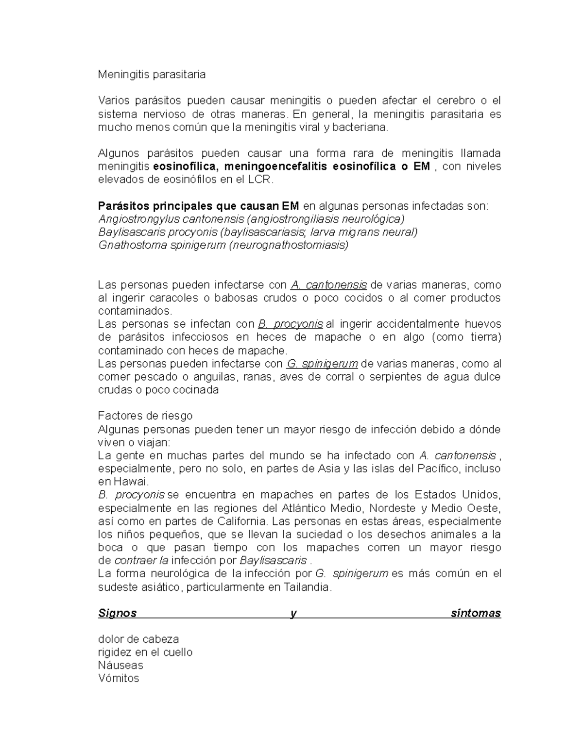 meningitis parasitaria signos y síntomas