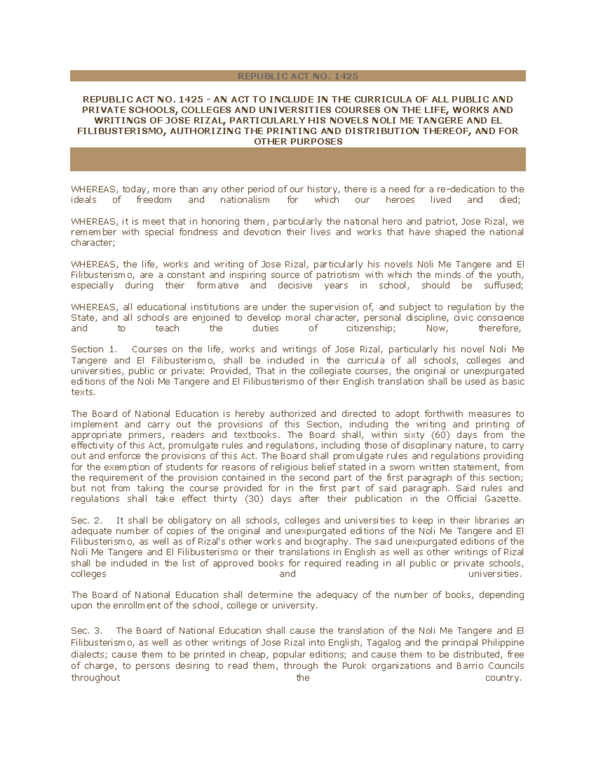 Batas Rizal - Lecture notes 1 - REPUBLIC ACT NO. 1425 REPUBLIC ACT NO ...