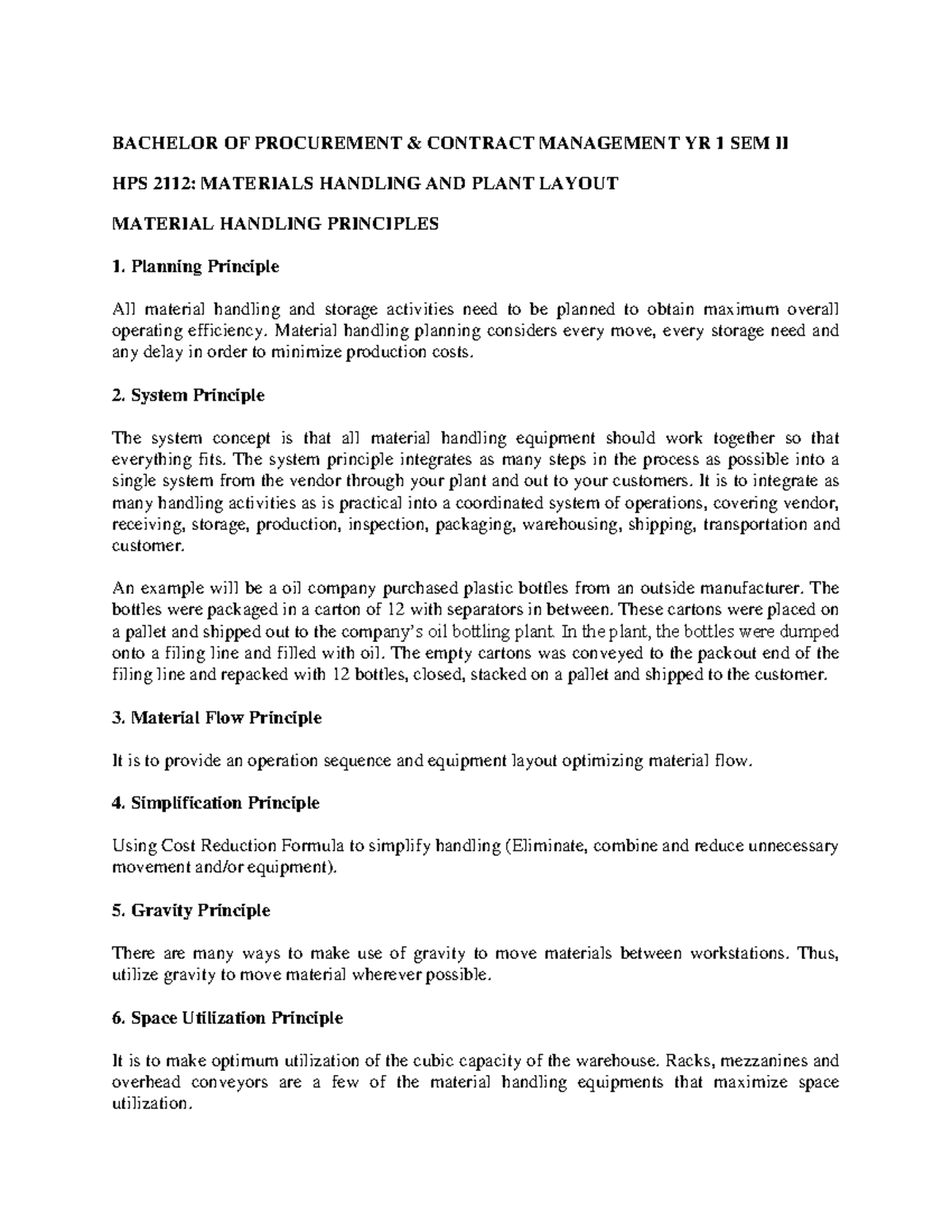 Material Handling Notes BACHELOR OF PROCUREMENT & CONTRACT MANAGEMENT