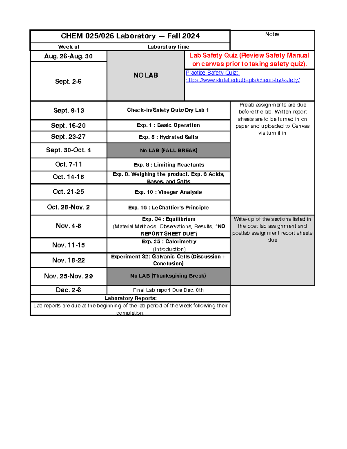 CHEM02526 Schedule Fall 2024 Week of CHEM 025/026 Laboratory — Fall