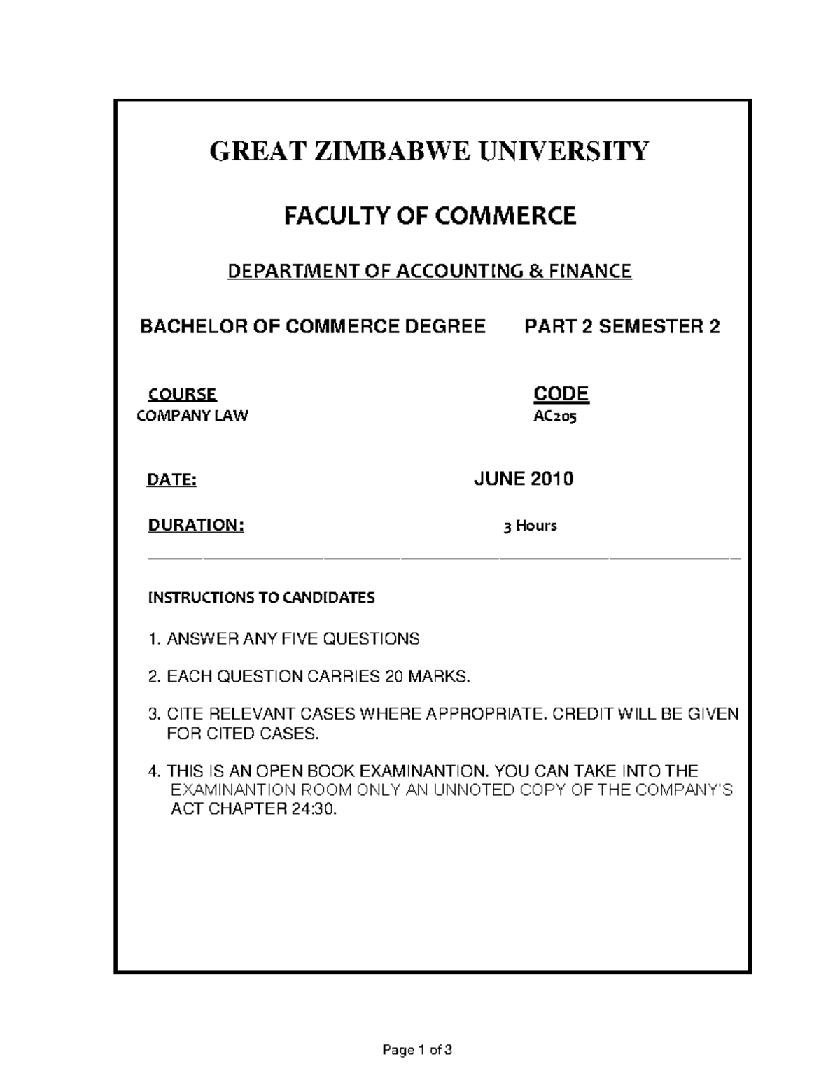Company LAW 1 - Lecture notes 1 - Page 1 of 3 GREAT ZIMBABWE UNIVERSITY