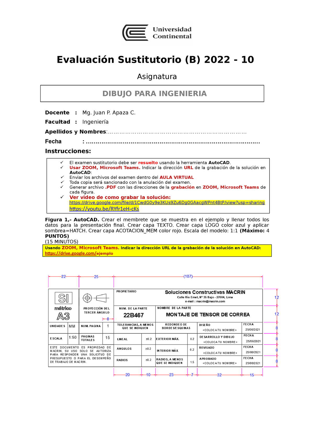 Examen Sustitutorio Dibujo Ingenieria B - Evaluación Sustitutorio (B ...