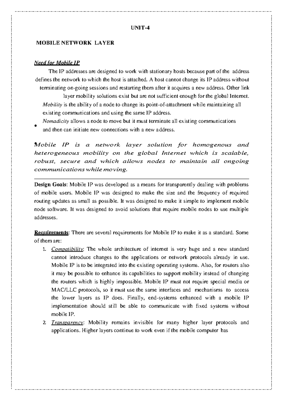UNIT 4 - unit 4 - UNIT- MOBILE NETWORK LAYER Need for Mobile IP The IP ...