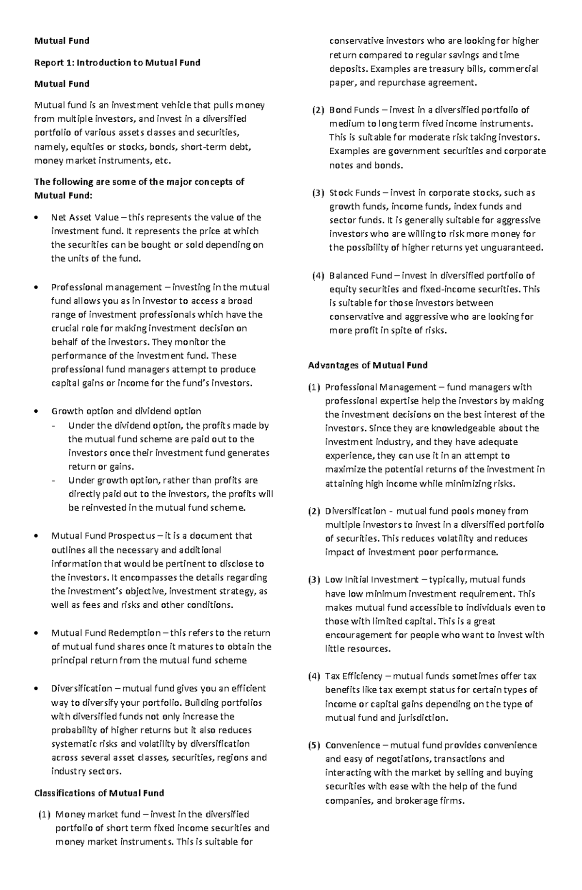 Mutual Fund Reviewer - Mutual Fund Report 1: Introduction to Mutual ...