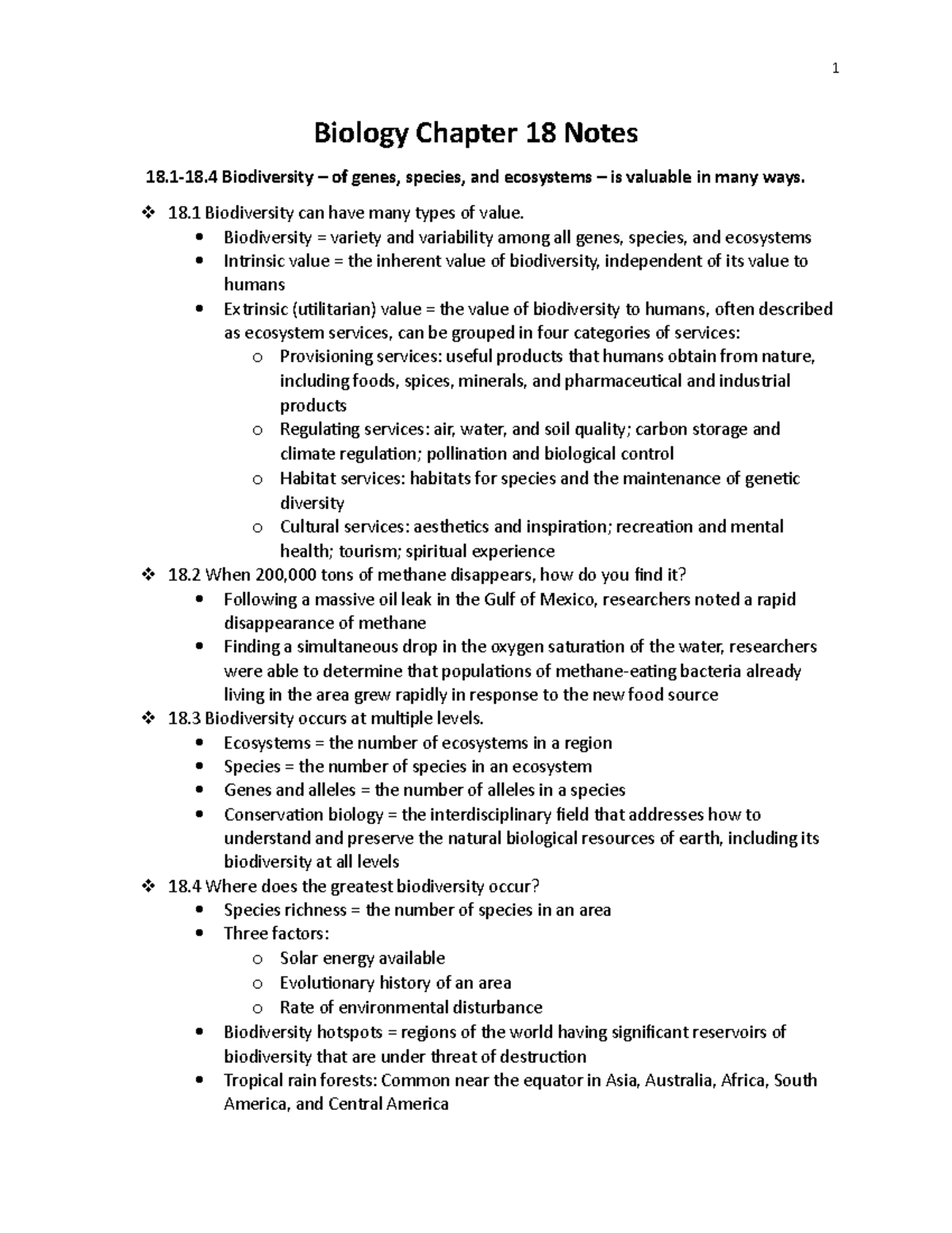 Bio 105 Chapter 18 Notes - 1 Biology Chapter 18 Notes Biodiversity Of ...