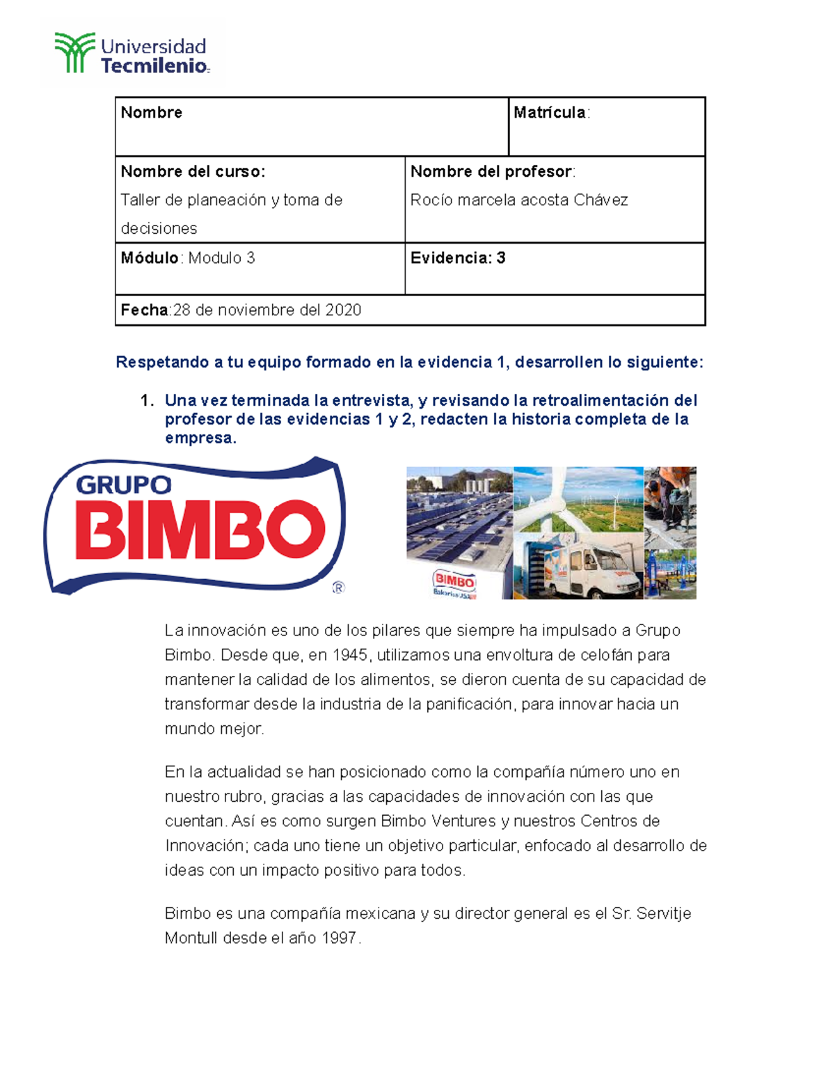 Evidencia 3 planeacion - Nombre Matrícula : Nombre del curso: Taller de ...