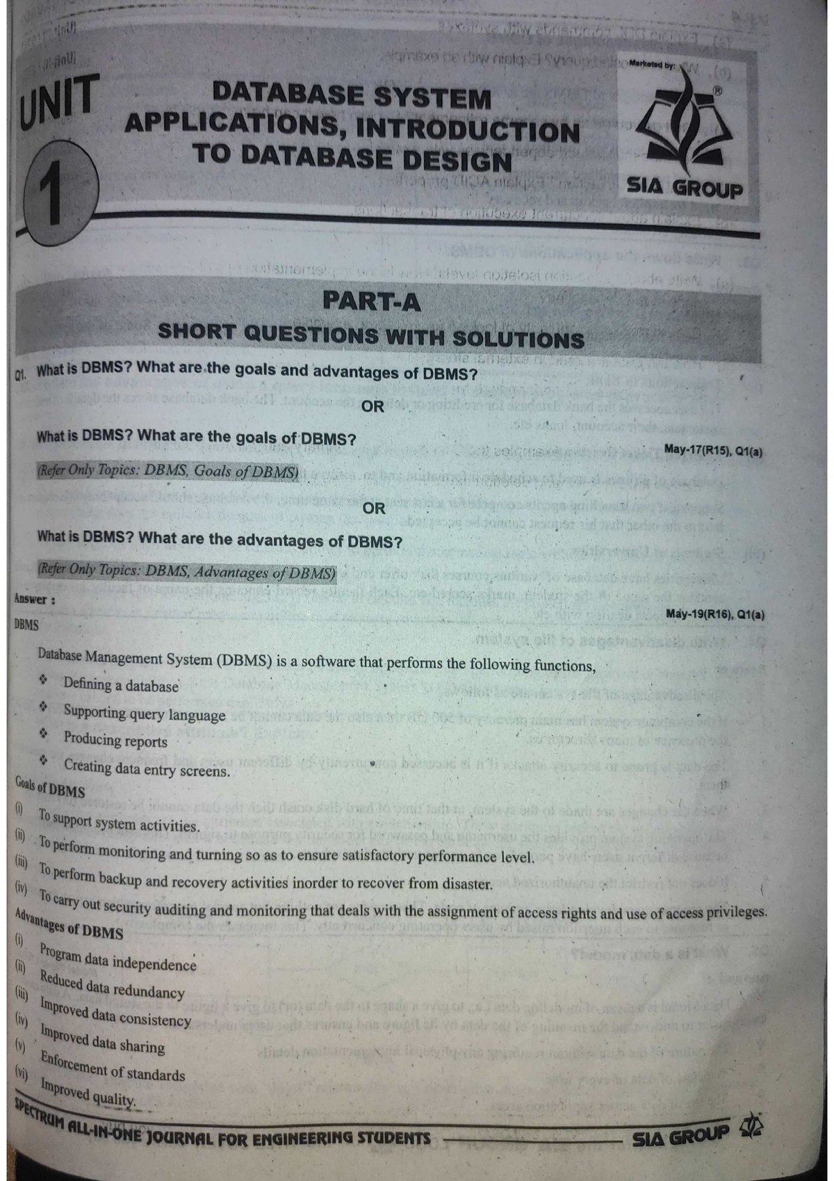 Dbms unit1 DBMS SPECTRUM UNIT 1 R18 CSE Win UNIT DATABASE