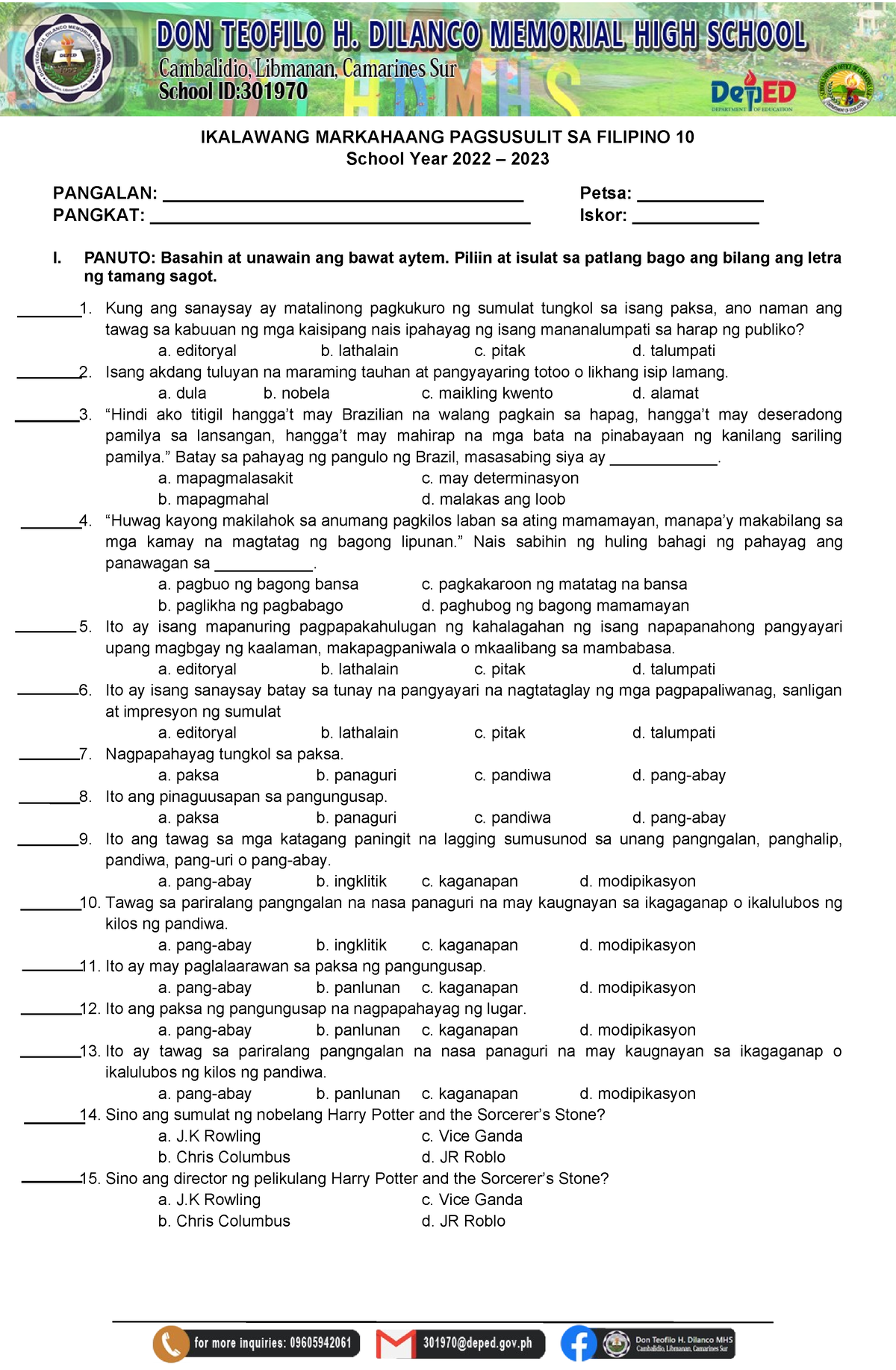 2nd Quarter Exam In Grade Filipino - IKALAWANG MARKAHAANG PAGSUSULIT SA ...