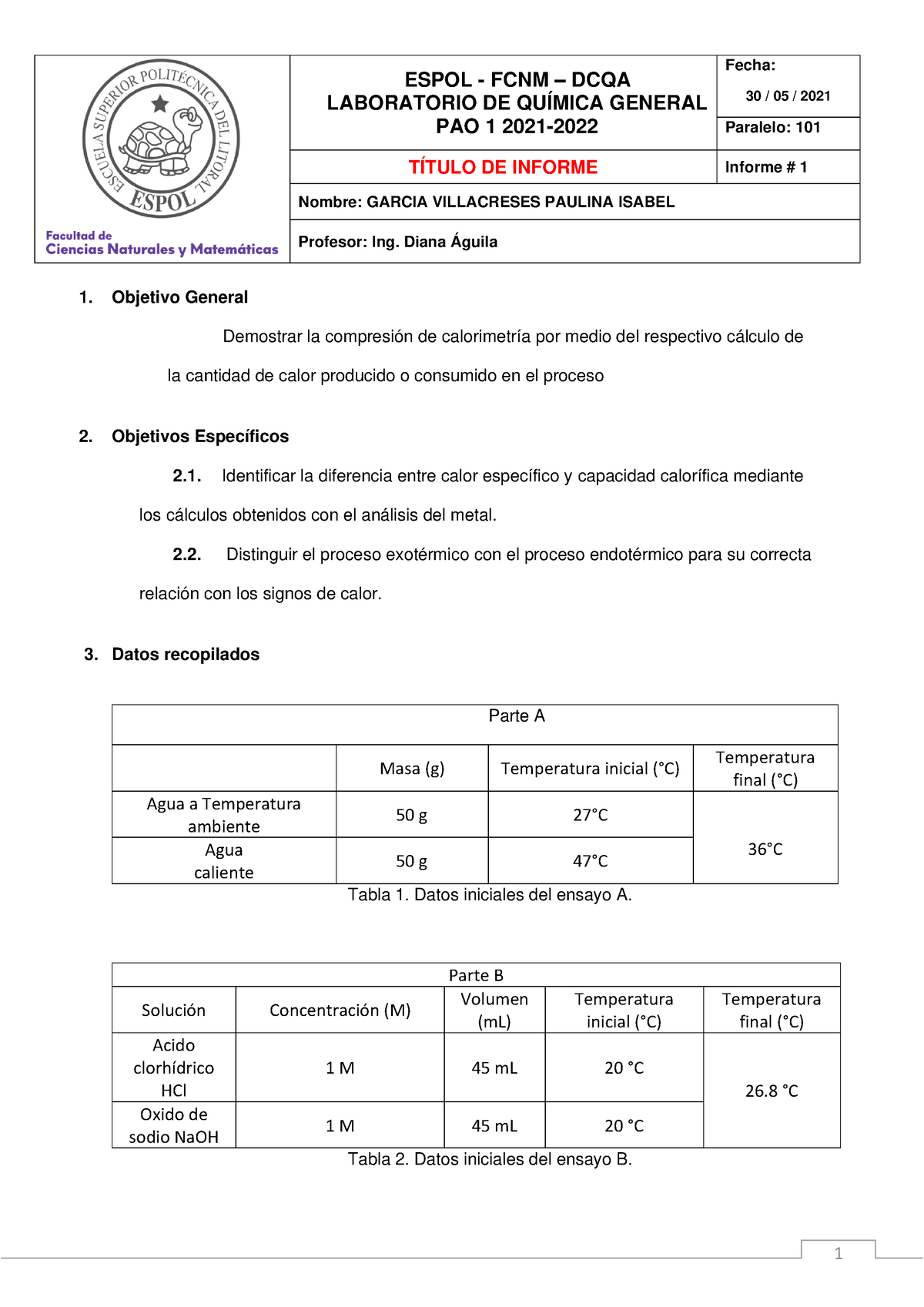 Trabajo - Aaaaaaaaaaaaaaaa - ESPOL - FCNM – DCQA LABORATORIO DE QUÍMICA ...