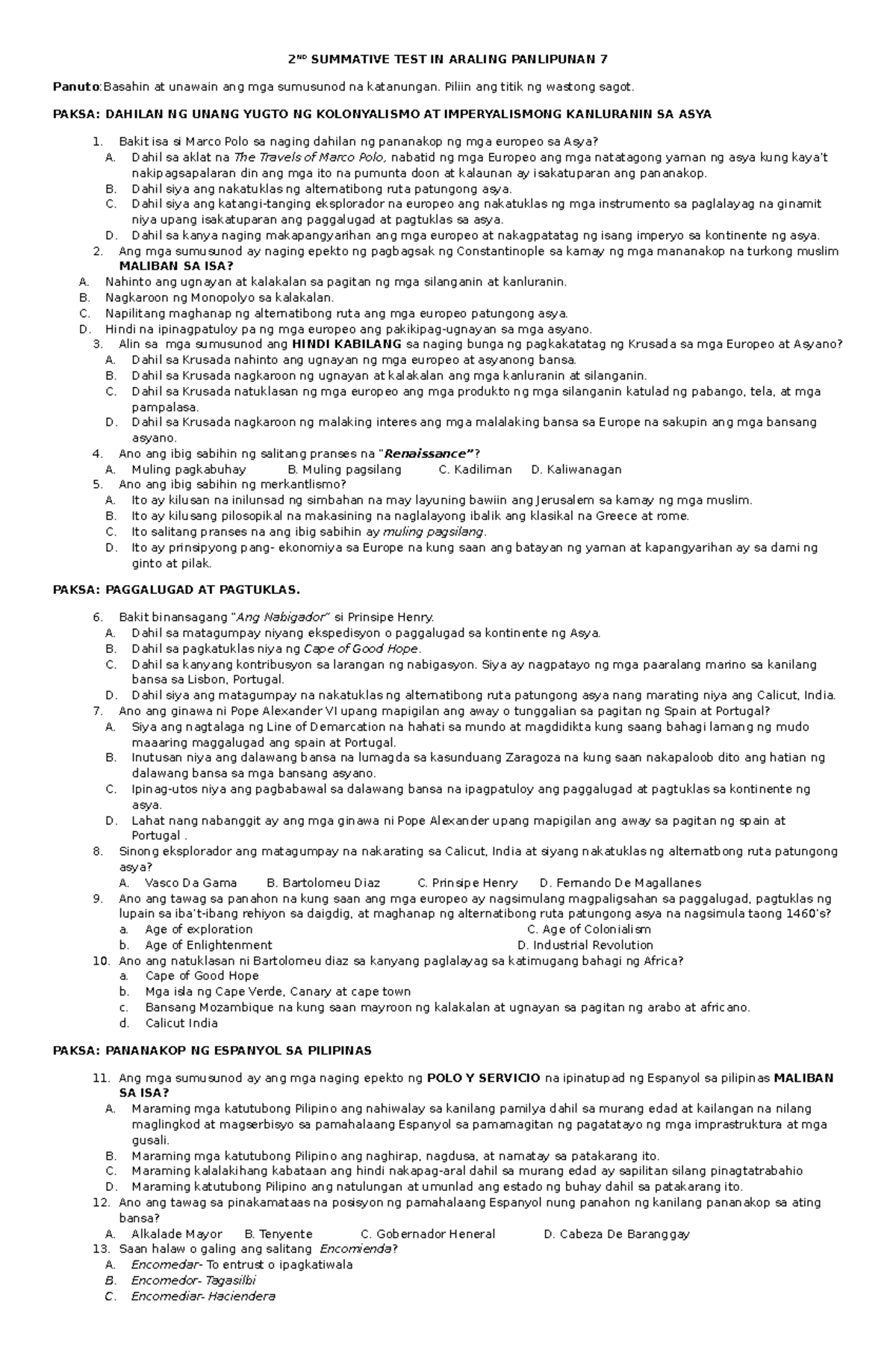 2ND Summative TEST - 2 ND SUMMATIVE TEST IN ARALING PANLIPUNAN 7 Panuto ...
