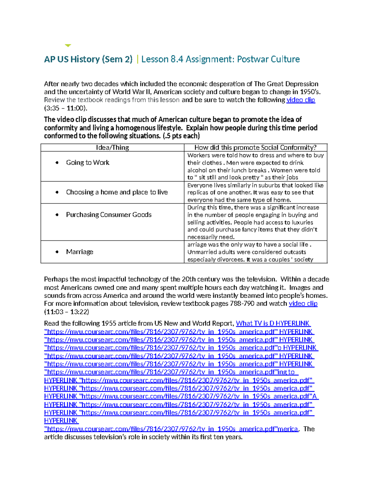 8.4 Assignment Postwar Culture AP US History (Sem 2) Lesson 8 Assignment Postwar Culture