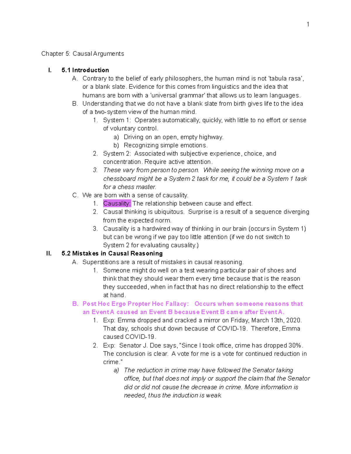 PHI 101 Chapter 5 Casual Arguments - 1 Chapter 5: Causal Arguments I. 5 ...