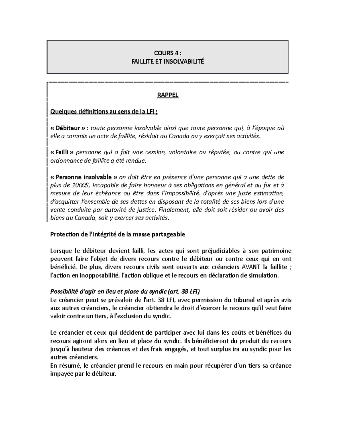 Faillite Cours 4 - COURS 4 : FAILLITE ET INSOLVABILITÉ RAPPEL Quelques ...