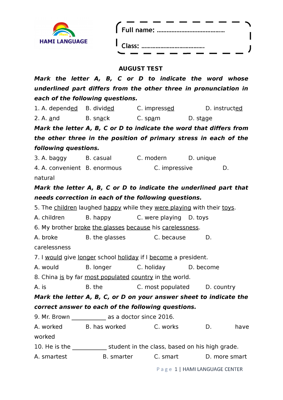 August TEST G8 - bài tập tiếng anh cấp 2 - AUGUST TEST Mark the letter ...