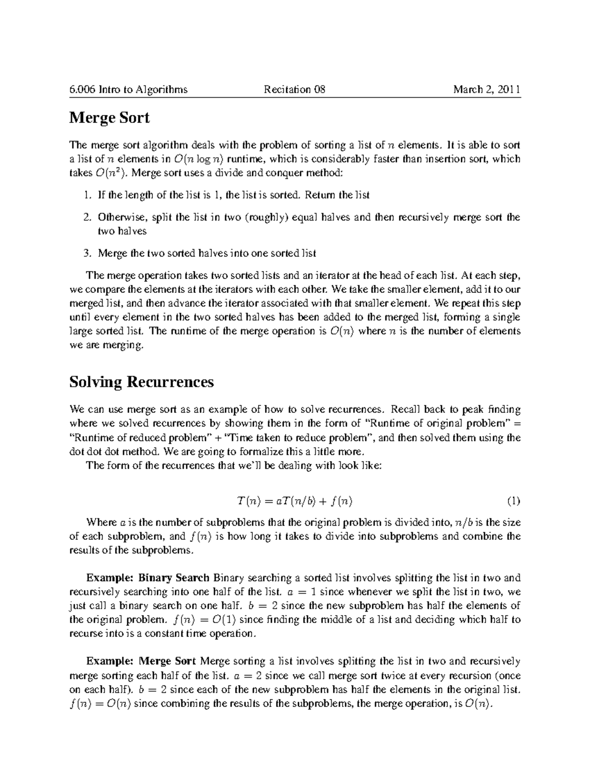 Rec08 - Advanced Data Structures - Merge Sort The merge sort algorithm ...